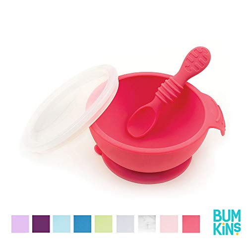 Bumkins Suction Silicone Baby Feeding Set, Bowl, Lid, Spoon, BPA-Free, First Feeding, Baby Led Weaning - Red