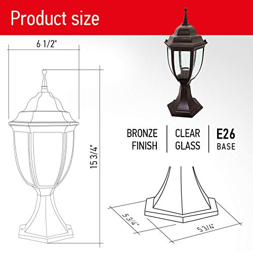 OSTWIN 1-Light Outdoor Garden Post Lantern L04 Lighting Fixture, Traditional Post Lamp Patio with One E26 Base, Water-Proof, Bronze Cast Aluminum Housing, Clear Glass Panels, ETL Listed