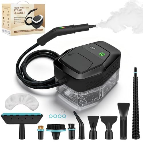 Vaporeta limpieza hogar, limpiador de vapor portátil 1500W, vaporeta de mano calentamiento rápido en 15s, depósito de agua de 1,8 L, con 12 accesorios para coches, negro (Mantenga 3s para comenzar)