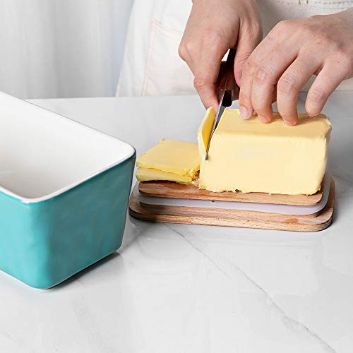 Krokori Butter Dish, Stoneware Ceramic Butter Dish Butter Container Margarine Dish Covered Butter Keeper with Wooden Lid Food Storage Box for Daily Use (Aquamarine) - Thumbnail 4