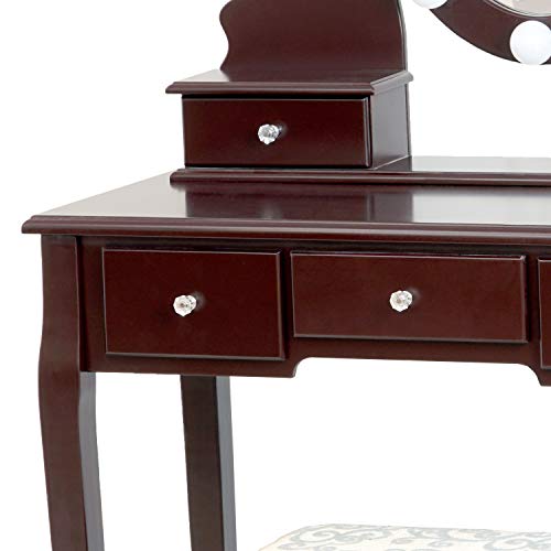 Fineboard Dressing Table with Stool and LED Lights with 5 Drawers and Mirror, Brown - Thumbnail 6
