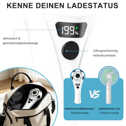 SZO Mini Ventilateur Portable USB Rechargeable 5 Vitesses Ballon de Foot | Mini ventilateur au look de ballon de foot avec écran LED 5 vitesses + réglage fin 1-199 seulement 130g idéal en déplacement.