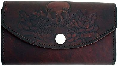 Women's Skull &amp; Roses Brown Leather Checkbook Style Wallet Pocketbook Clutch