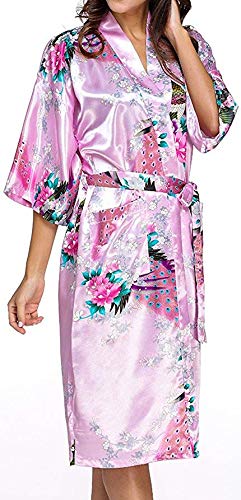Silky Satin Kimono Robe for Women, Peacock Blossom, Long - Baby Pink - Large