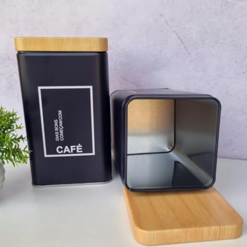 Conjunto de Potes Herméticos para Café e Açúcar Quadrado Metal Preto Fosco com Tampa na Cor Bambu Natural Decorativo Elegante Moderno Sofisticado Resistente e Boa Capacidade de Armazenamento