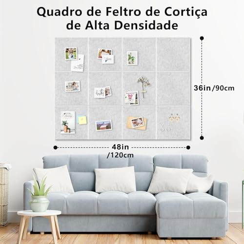 Quadro de Cortiça Feltro 120x90, GODREAM Quadro de Aviso, Mural de Recado Fotos Grande, Placa de Cortiça Autoadesivo, Organizador de Parede para Escritório, Casa, Escola, 12 peças (Cinza prateado)