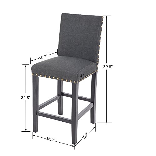 GOTMINSI Nailhead 24" Counter Height Stools Upholstered Bar Stools with Solid Wood Legs, Set of 2 (Charcoal)