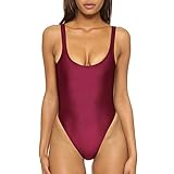 Dixperfect Women's Retro 80s/90s Inspired High Cut Low Back One Piece Swimwear Bathing Suits (XL, Wine Red)