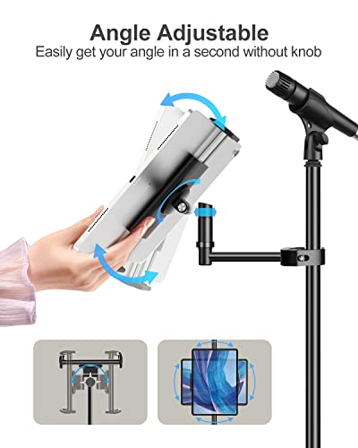 elitehood Aluminum iPad Holder for Mic Stand, Side Mount iPad Music Stand Holder for Microphone, 360° Swivel Tilt Adjustable Mic Stand Tablet Holder for iPad, iPhone and More 4-13in Tablet