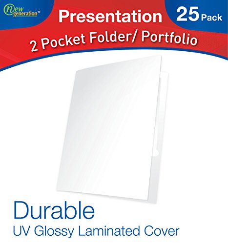 New Generation - WHITE - 2 Pocket Folder , Durable Heavy Duty UV Glossy Laminated, Letter Size Business Presentation Portfolio with a die-cut business card holder, Bulk 25 Folders Pack (WHITE)