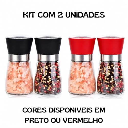 Kit 2 Moedor Triturador Giratório de Sal Pimenta Premium em Vidro Aço Inoxidável para Grãos Condimentos Secos Temperos Saleiro Pimenteiro de Mesa Ideal Cozinha Restaurante Hamburgueria