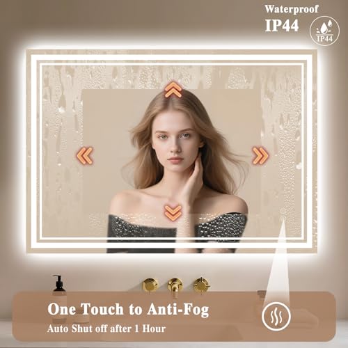 Archaluxe Bathroom Mirror with LED Light: 45x60cm Illuminated Wall Mounted LED-Bathroom-Mirror with Shaver Socket, Anti-Fog,3 Colors Dimmable, Memory Function, IP44 Smart Mirror Horizontal/Vertical
