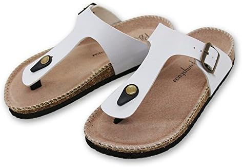 Adjustable T-Strap Thong Leather Flip Flops Women Sandals Vegan Leather Cork Sandals Slipper Beach Slip on Flip Flops Slides Shoe Flat (5.5 US Women / 4 US Men, Solid White)