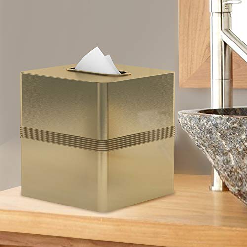 nu steel JW9H Square Paper Facial Tissue Box Cover Holder for Bathroom Vanity Countertops, Bedroom Dressers, Nightstands, Desks and Tables Gold Finish, Rich - Thumbnail 2
