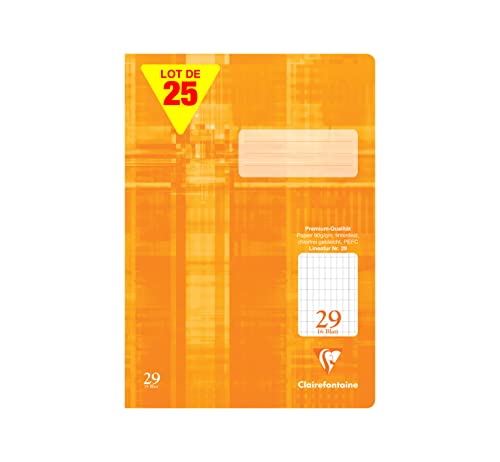 Clairefontaine 331029C - Paquet de 25 cahiers, idéal pour l'école, DIN A4 21x29,7 cm, réglure 29 quadrillé 5x9mm en continu, 32 pages, 90g, orange, 1 paquet