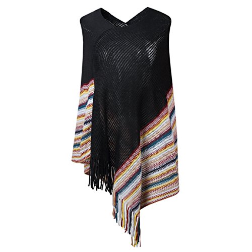 SherryDCWomen's Zig-Zag Knit Tassel Fringed Pullover Poncho Sweater Cape Shawl Wrap