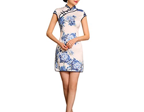XueXian(TM) Women's Summer Stand Collar Satin Chinese Qipao Short Dress Blue