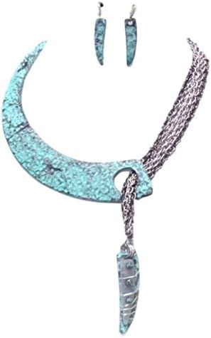 Patina Turquoise Blue Necklace Earrings Set C53 Multi Strand Texture
