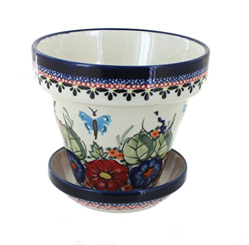 Click Here to See More Images Blue Rose Polish Pottery Floral Butterfly Medium Flower Pot w/Tray