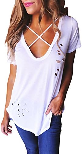 Leonus Womens Solid Color Criss Cross Neck Short Sleeve Shirt Hole Tshirt White M