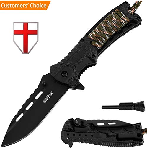 Survival camping knife with fire starter - Tactical outdoor knife with paracord handle - Best 440c stainless steel spring assisted hiking knife for army military emergency. Grand way 6772