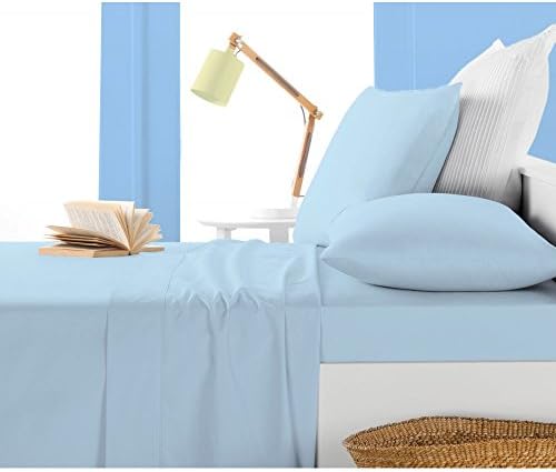 Special Things 100% Egyptian Cotton 450 TC One Piece Fitted Sheet Queen Size with 12 Inch Deep Pocket in Sky Blue Color and Solid Pattern