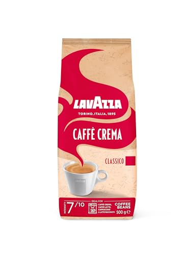 Lavazza, Caffè Crema Classico, Kaffeebohnen, aromatische Kaffeemischung mit Schokolade- und Holz-Aromen, Arabica und Robusta Kaffeebohnen, Intensität 7/10, Mittlere Röstung, 500g 2