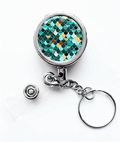 Luiy - Mermaid (sticker not glitter) - Retractable ID Card Badge &amp; Key Reel, Custom Name Tag Badge Holder, Belt Clip, Metal