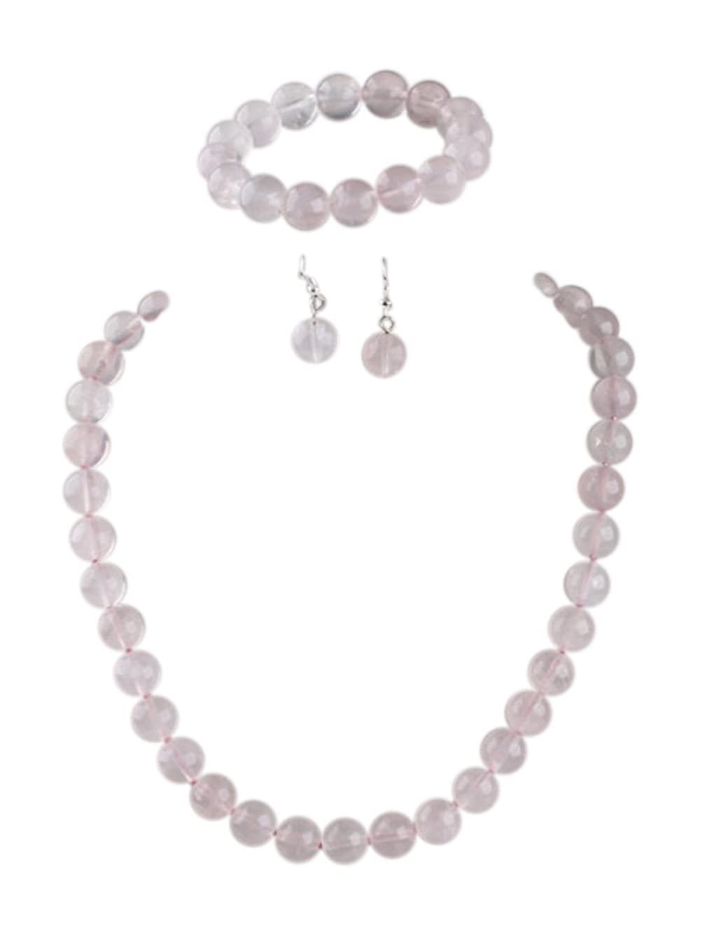 Treasure Bay Stunning 12mm Natural Gemstone Beaded Necklace and Bracelet Jewellery Set For Women (Pink Rose Quartz) — image 1
