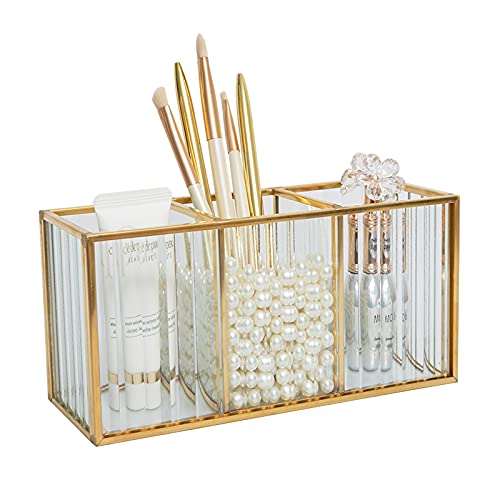 SLHEQING Makeup Brush Holder 3-Compartment Glass and Brass Cosmetic Storage Organizer Makeup Storage for Brushes, Eyeliner, Pen, Lipstick and More