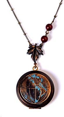 World map Locket necklace west USA Globe oxidized burgundy swarovski pearl