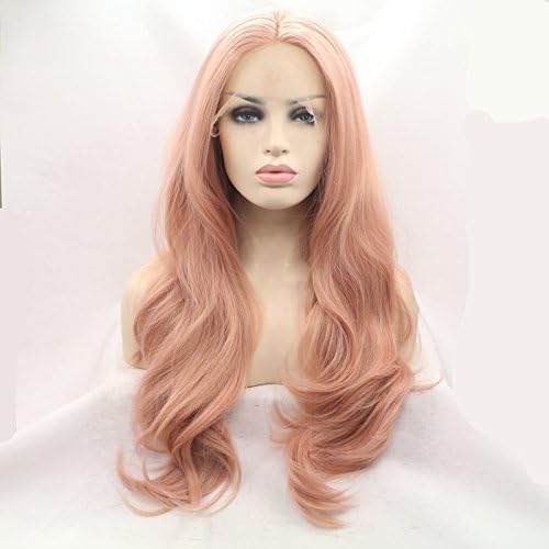 Synthetic Glueless Rose Gold Wig Lace Front Peach Pink Hair with Bangs and Elastic Net Natural Hairline Long Wavy Heat Resistant Fiber Fashion Looking Replacement for American Women with Gift