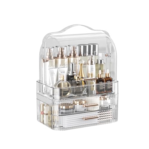 Photo 1 of LINFIDITE Cosmetics Storage Box Transparent Lid Large Makeup Organizer Box Drawers Portable Handle Waterproof Dustproof Skincare Display Cases for Countertop, Bathroom, Dresser,Gift Clear