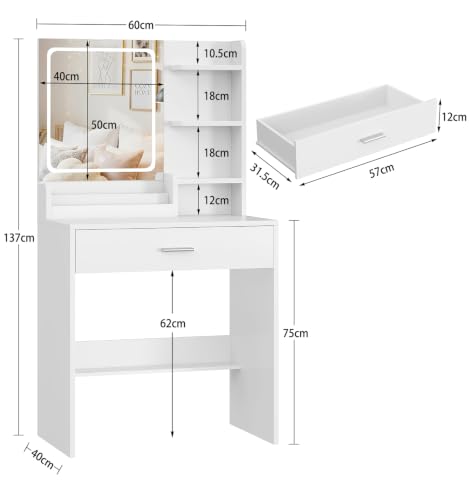 TEENFON Vanity Desk with Mirror and LED Lights, Small Vanity with 2 Open Compartments & 4 Shelves, Dressing Table with Large Drawer for Bedroom, White