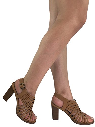 City Classified Open Toe Perforated Lace up Elastic Side Stacked Chunky Heel Sandal, Tan, 7.5