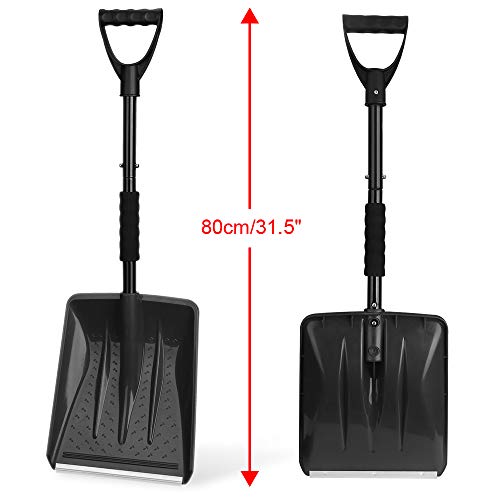 IPSXP Snow Shovel,Detachable Plastic Snow Shovel with Stainless Steel Pole and Aluminum Edged Wide Blade Shovel, Perfect for Car Driveway, Camping and Outdoor Emergency (Black)