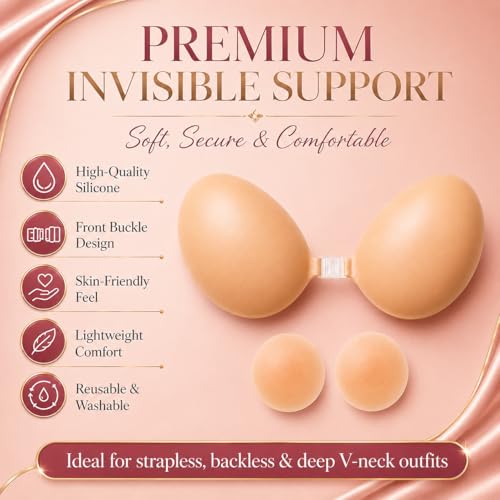 ANASH Sticky Bra, Stick on Bra for Women with 2 Nipple Covers, Women Silicone Strapless Bra, Backless Bra for Partywear,Weddings, Push up Bra Ideal for Off Shoulder