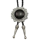Vintage Silver Sun Faux Obsidian Leather Line Dance Rodeo Western Cowboy Bolo Bola Tie