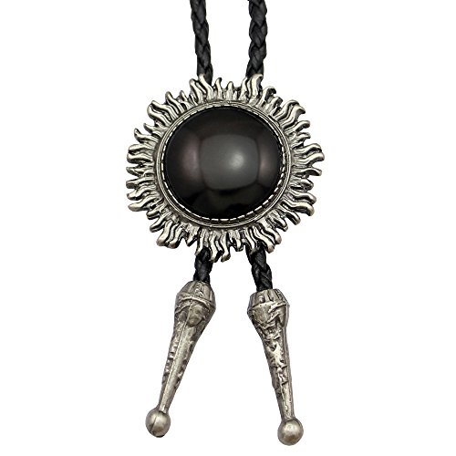 Vintage Silver Sun Faux Obsidian Leather Line Dance Rodeo Western Cowboy Bolo Bola Tie