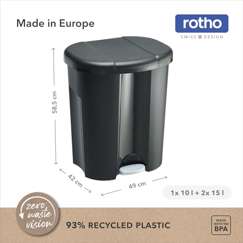Rotho Duo – Waste Bin 2 x 10 L for Waste Separation with Lid and Pedal, Plastic (PP) BPA-Free, Black, 2 x 10 L (39 x 32 x 40.5 cm)