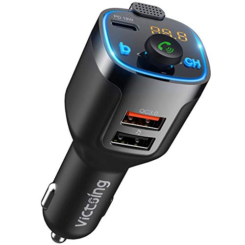 VicTsing BH-477 Bluetooth 5.0 FM Transmitter, Car Radio Audio Adapter Handsfree Kit with One Joystick-Like Knob, BASS Music Player, 3 USB Ports (PD18W & QC3.0)