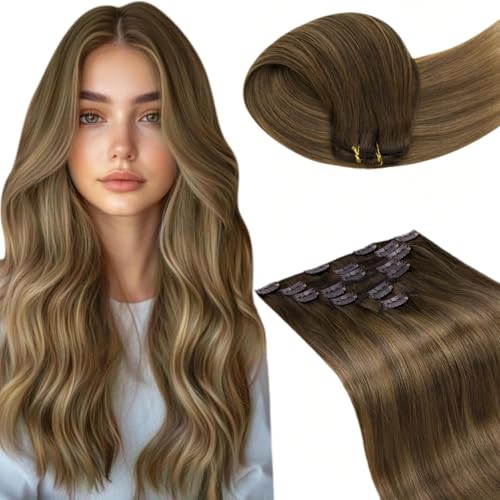 LaaVoo Clip in Extensions Echthaar Braun Balayage 60cm 120g 7PCS Extensions Echthaar Clips Mittelbraun und Hellbraun Ombre Dunkelgoldblond #6/8/14