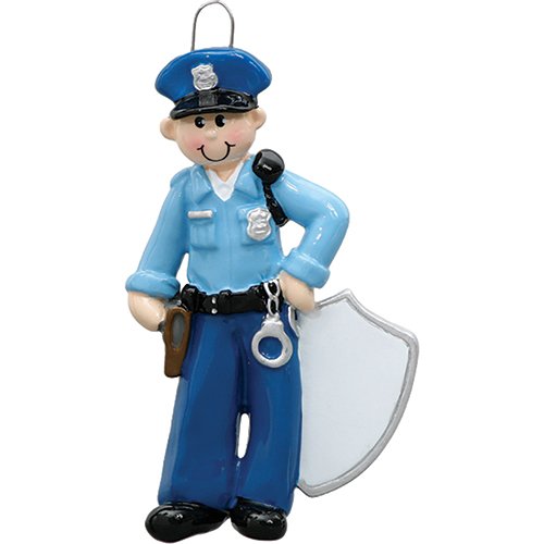 Personalized Policeman Christmas Ornament - Police Officer in Blue Uniform Hat with Badge Gun Handcuffs Tickets - Coworker Cop New Job Agent Academy Detective Profession - Free Customization (Male)