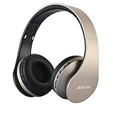 Wireless Headphones with Mic, JIUHUFH Foldable Over Ear Bluetooth Headphone Headsets for Gym Travel Work (Sweatproof, Support FM Radio & SD Card, Noise Reduction Earmuffs) -Gold