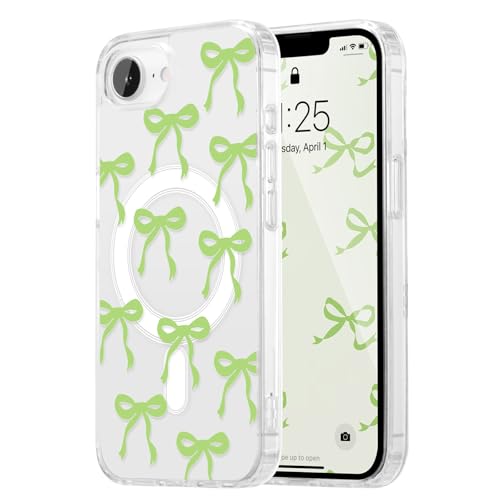 UEEBAI Magnetic for iPhone 17e/iPhone16e Case, Bow Case Compatible with MagSafe, Wireless Slim Clear Ribbon Aesthetic Phone Cover Anti-Yellowing Shockproof Protective Cover for Women Girl - Green