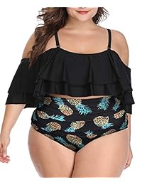 Wavely Trajes de baño de dos piezas con volantes y hombros descubiertos con estampado de cintura alta para dama