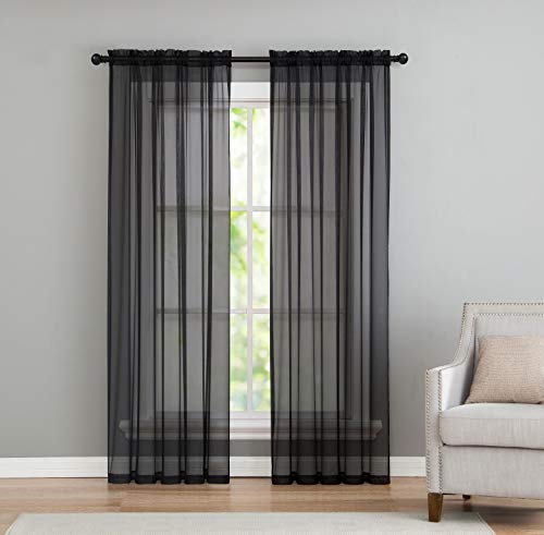 GoodGram 2 Pack: Basic Rod Pocket Sheer Voile Window Curtain Panels - Assorted Colors (Black)