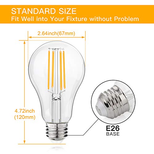 100W Equivalent Filament Edison Bulbs Clear Glass, Dimmable LED Light Bulbs, 10W A21 Vintage LED Blubs 2700K Warm White, Medium Screw Base (E26), 1100 Lumens, 6-Pack