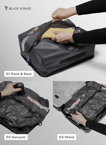 Black Voyage Reusable Vacuum Compression Travel Bag for Carry-On Suitcase and Backpack, Recycled IPX8 Waterproof Space Saver Vacpack (3-Pack, 18L - Pump Included)