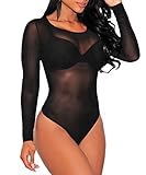 Grace's Secret Women's O-Neck Long Sleeves See Through Sheer Mesh Bodysuit